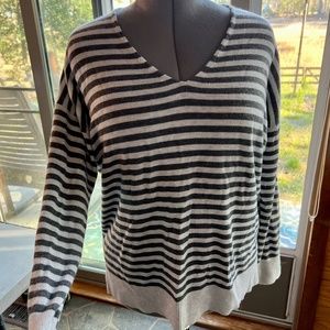 LOFT Black and White Striped V-Neck Sweater